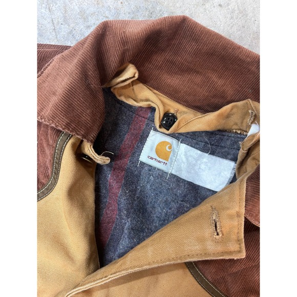 Vintage Carhartt Men's M Tan Duck Canvas Corduroy Collar Blanket Lined Jacket - Picture 7 of 16